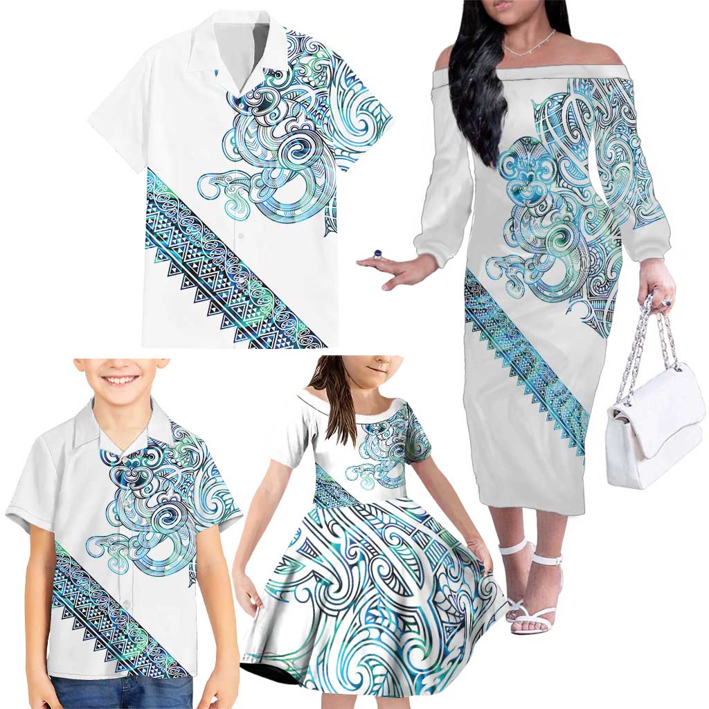 Kahui Whetu Paua shell Kowhaiwhai Taniko Personalised Family Matching Off The Shoulder Long Sleeve Dress and Hawaiian Shirt Taniwha Maori Tribal Style