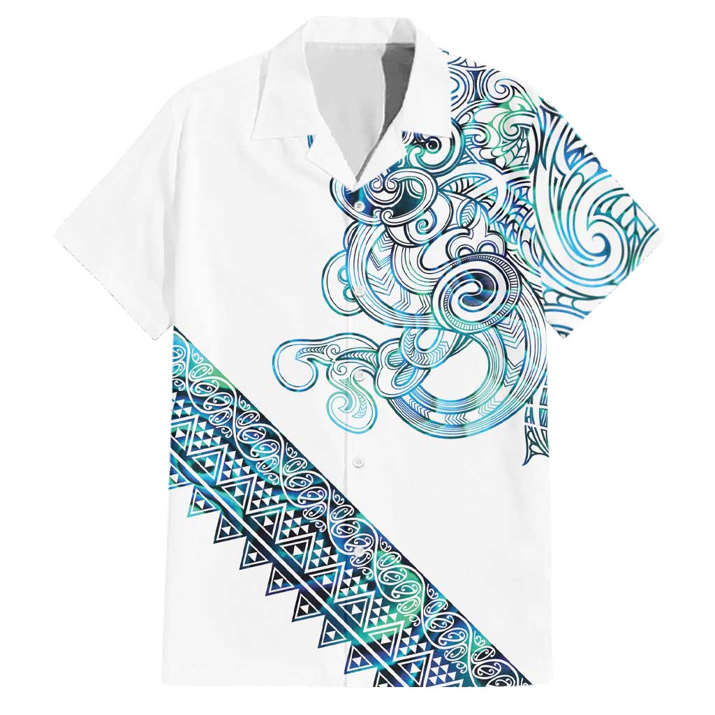 Kahui Whetu Paua shell Kowhaiwhai Taniko Personalised Family Matching Off Shoulder Maxi Dress and Hawaiian Shirt Taniwha Maori Tribal Style LT9 Dad's Shirt - Short Sleeve Blue - Polynesian Pride