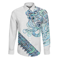 Kahui Whetu Paua shell Kowhaiwhai Taniko Personalised Family Matching Off Shoulder Short Dress and Hawaiian Shirt Taniwha Maori Tribal Style LT9 Dad's Shirt - Long Sleeve Blue - Polynesian Pride