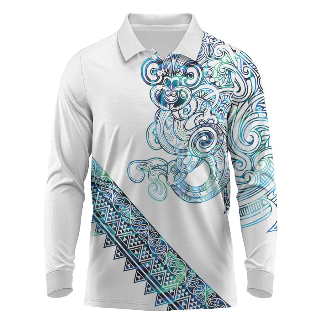 Kahui Whetu Paua shell Kowhaiwhai Taniko Personalised Long Sleeve Polo Shirt Taniwha Maori Tribal Style LT9 Blue - Polynesian Pride