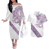 Mawhero Paua shell Kowhaiwhai Taniko Personalised Couples Matching Off The Shoulder Long Sleeve Dress and Hawaiian Shirt Taniwha Maori Tribal Style LT9 Pink - Polynesian Pride