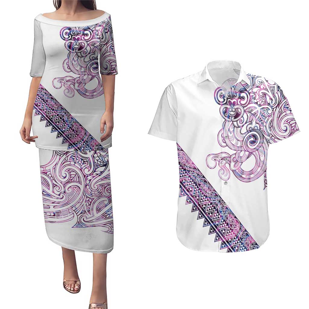 Mawhero Paua shell Kowhaiwhai Taniko Personalised Couples Matching Puletasi and Hawaiian Shirt Taniwha Maori Tribal Style LT9 Pink - Polynesian Pride