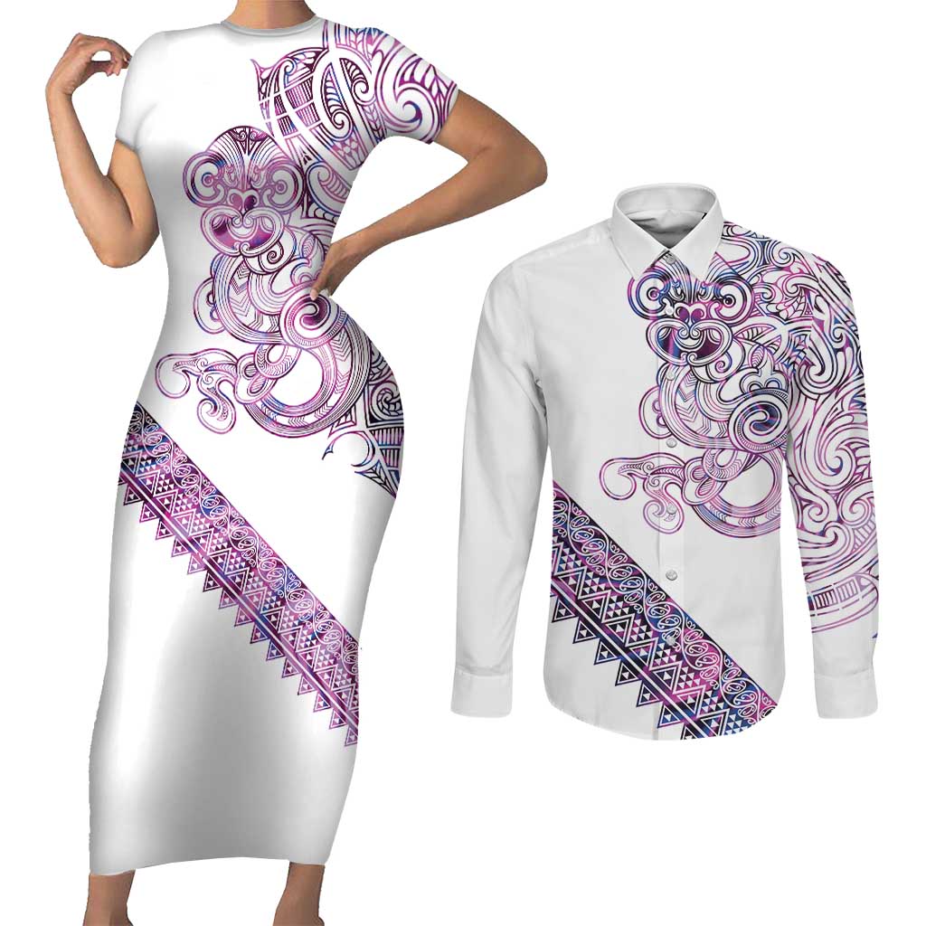 Mawhero Paua shell Kowhaiwhai Taniko Personalised Couples Matching Short Sleeve Bodycon Dress and Long Sleeve Button Shirt Taniwha Maori Tribal Style LT9 Pink - Polynesian Pride