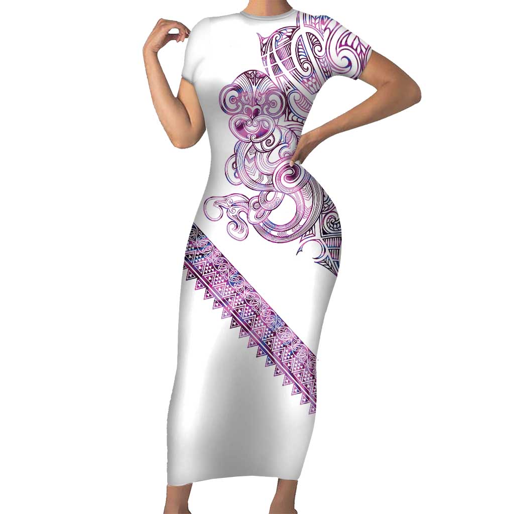 Mawhero Paua shell Kowhaiwhai Taniko Personalised Family Matching Short Sleeve Bodycon Dress and Hawaiian Shirt Taniwha Maori Tribal Style LT9 Mom's Dress Pink - Polynesian Pride