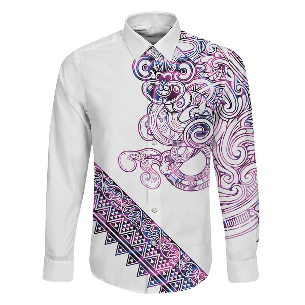 Mawhero Paua shell Kowhaiwhai Taniko Personalised Family Matching Tank Maxi Dress and Hawaiian Shirt Taniwha Maori Tribal Style LT9 Dad's Shirt - Long Sleeve Pink - Polynesian Pride