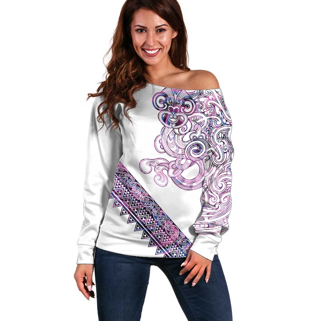 Mawhero Paua shell Kowhaiwhai Taniko Personalised Off Shoulder Sweater Taniwha Maori Tribal Style