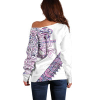 Mawhero Paua shell Kowhaiwhai Taniko Personalised Off Shoulder Sweater Taniwha Maori Tribal Style