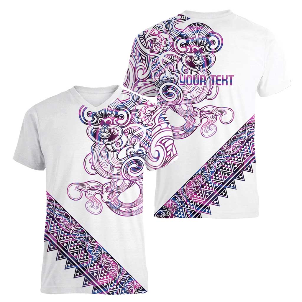 Mawhero Paua shell Kowhaiwhai Taniko Personalised Women V-Neck T-Shirt Taniwha Maori Tribal Style LT9 - Polynesian Pride
