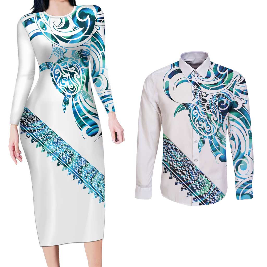 Kahui Whetu Paua shell Kowhaiwhai Taniko Personalised Couples Matching Long Sleeve Bodycon Dress and Long Sleeve Button Shirt Turtle Tattoo Maori Tribal Style LT9 Blue - Polynesian Pride