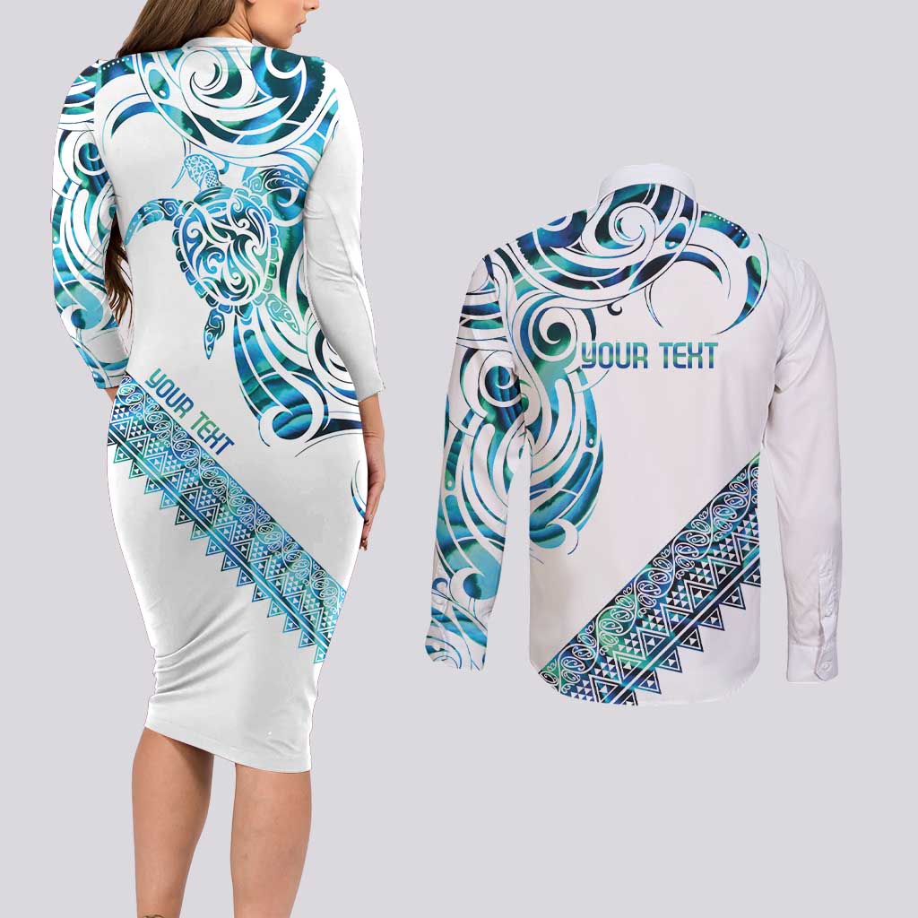 Kahui Whetu Paua shell Kowhaiwhai Taniko Personalised Couples Matching Long Sleeve Bodycon Dress and Long Sleeve Button Shirt Turtle Tattoo Maori Tribal Style LT9 - Polynesian Pride