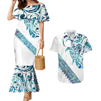 Kahui Whetu Paua shell Kowhaiwhai Taniko Personalised Couples Matching Mermaid Dress and Hawaiian Shirt Turtle Tattoo Maori Tribal Style LT9 Blue - Polynesian Pride