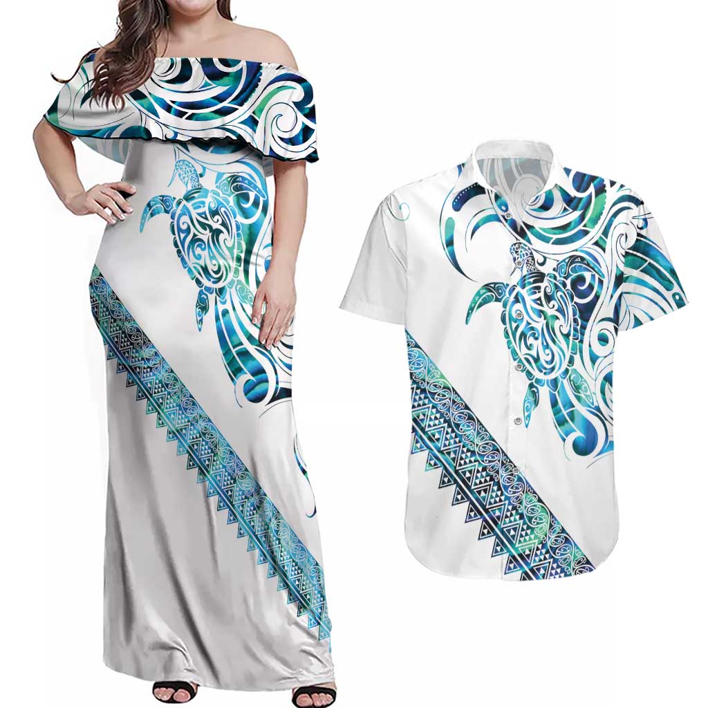 Kahui Whetu Paua shell Kowhaiwhai Taniko Personalised Couples Matching Off Shoulder Maxi Dress and Hawaiian Shirt Turtle Tattoo Maori Tribal Style