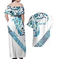 Kahui Whetu Paua shell Kowhaiwhai Taniko Personalised Couples Matching Off Shoulder Maxi Dress and Hawaiian Shirt Turtle Tattoo Maori Tribal Style LT9 - Polynesian Pride