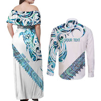 Kahui Whetu Paua shell Kowhaiwhai Taniko Personalised Couples Matching Off Shoulder Maxi Dress and Long Sleeve Button Shirt Turtle Tattoo Maori Tribal Style LT9 - Polynesian Pride
