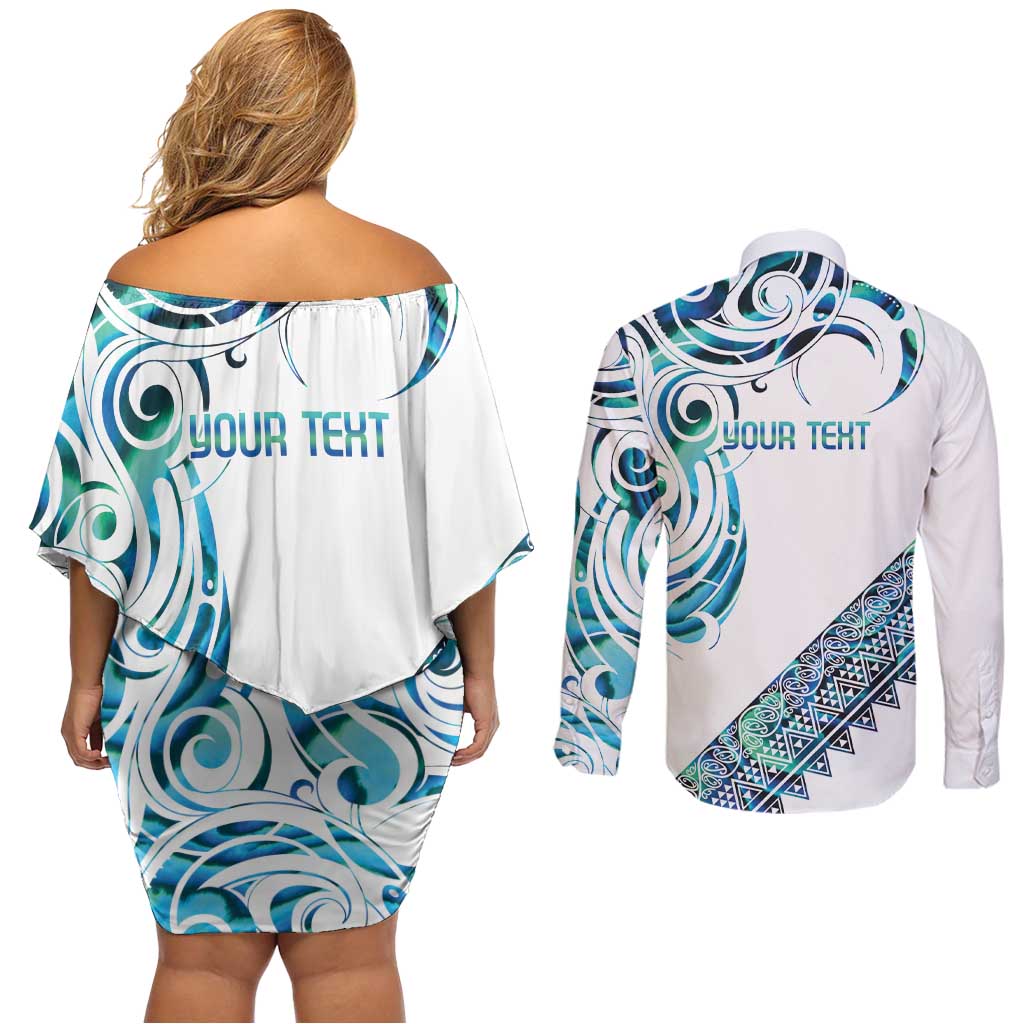 Kahui Whetu Paua shell Kowhaiwhai Taniko Personalised Couples Matching Off Shoulder Short Dress and Long Sleeve Button Shirt Turtle Tattoo Maori Tribal Style LT9 - Polynesian Pride