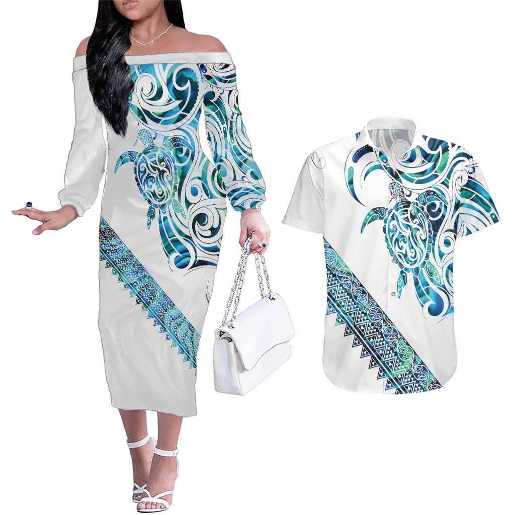 Kahui Whetu Paua shell Kowhaiwhai Taniko Personalised Couples Matching Off The Shoulder Long Sleeve Dress and Hawaiian Shirt Turtle Tattoo Maori Tribal Style LT9 Blue - Polynesian Pride