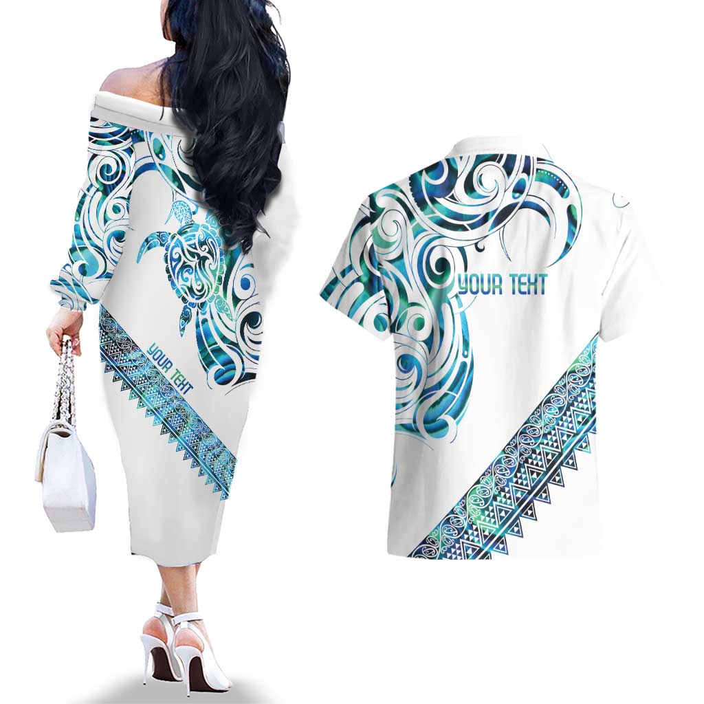 Kahui Whetu Paua shell Kowhaiwhai Taniko Personalised Couples Matching Off The Shoulder Long Sleeve Dress and Hawaiian Shirt Turtle Tattoo Maori Tribal Style LT9 - Polynesian Pride