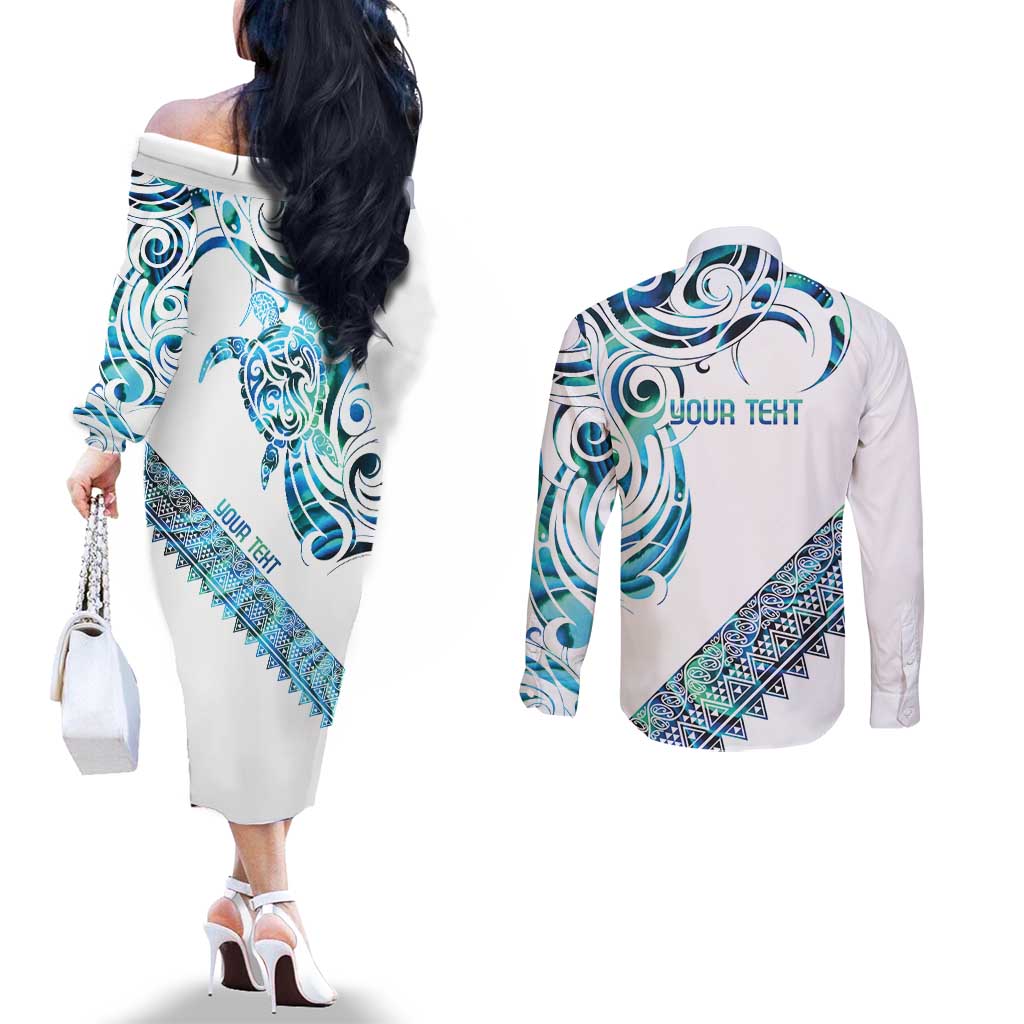 Kahui Whetu Paua shell Kowhaiwhai Taniko Personalised Couples Matching Off The Shoulder Long Sleeve Dress and Long Sleeve Button Shirt Turtle Tattoo Maori Tribal Style LT9 - Polynesian Pride