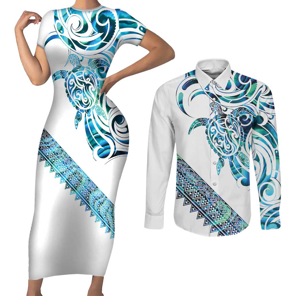 Kahui Whetu Paua shell Kowhaiwhai Taniko Personalised Couples Matching Short Sleeve Bodycon Dress and Long Sleeve Button Shirt Turtle Tattoo Maori Tribal Style LT9 Blue - Polynesian Pride