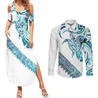 Kahui Whetu Paua shell Kowhaiwhai Taniko Personalised Couples Matching Summer Maxi Dress and Long Sleeve Button Shirt Turtle Tattoo Maori Tribal Style LT9 Blue - Polynesian Pride