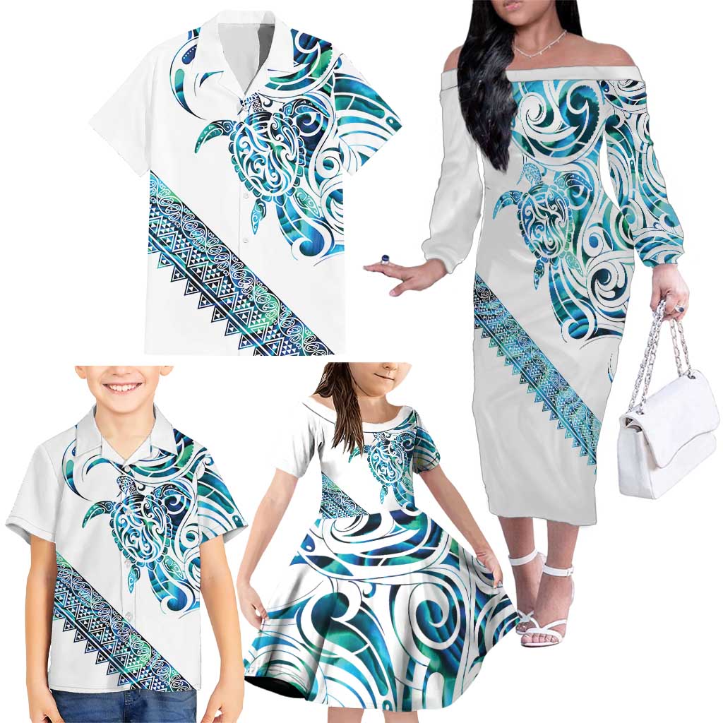 Kahui Whetu Paua shell Kowhaiwhai Taniko Personalised Family Matching Off The Shoulder Long Sleeve Dress and Hawaiian Shirt Turtle Tattoo Maori Tribal Style LT9 - Polynesian Pride