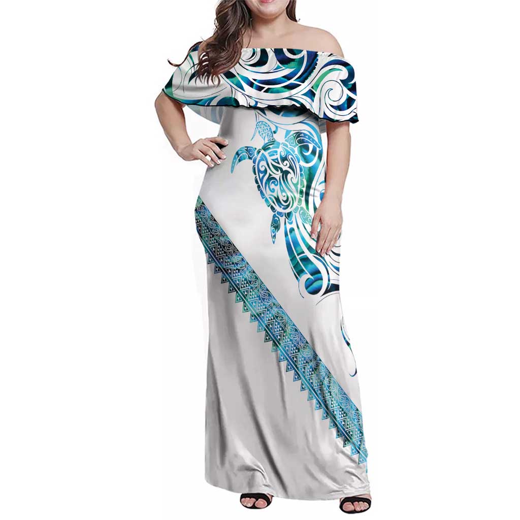 Kahui Whetu Paua shell Kowhaiwhai Taniko Personalised Family Matching Off Shoulder Maxi Dress and Hawaiian Shirt Turtle Tattoo Maori Tribal Style LT9 Mom's Dress Blue - Polynesian Pride