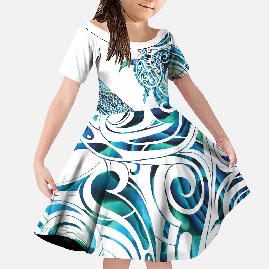 Kahui Whetu Paua shell Kowhaiwhai Taniko Personalised Family Matching Summer Maxi Dress and Hawaiian Shirt Turtle Tattoo Maori Tribal Style LT9 Daughter's Dress Blue - Polynesian Pride