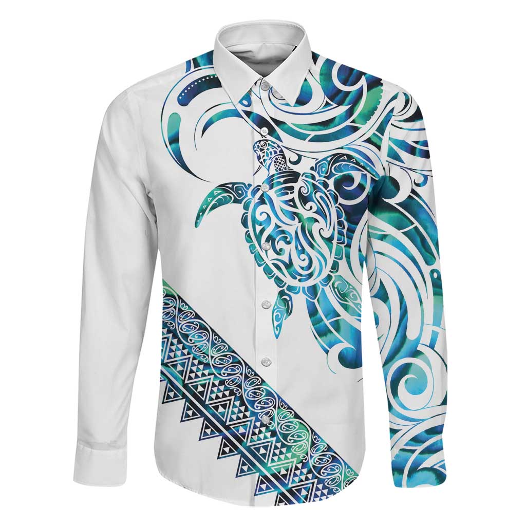 Kahui Whetu Paua shell Kowhaiwhai Taniko Personalised Family Matching Tank Maxi Dress and Hawaiian Shirt Turtle Tattoo Maori Tribal Style LT9 Dad's Shirt - Long Sleeve Blue - Polynesian Pride