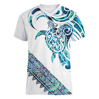 Kahui Whetu Paua shell Kowhaiwhai Taniko Personalised Women V-Neck T-Shirt Turtle Tattoo Maori Tribal Style LT9 Female Blue - Polynesian Pride