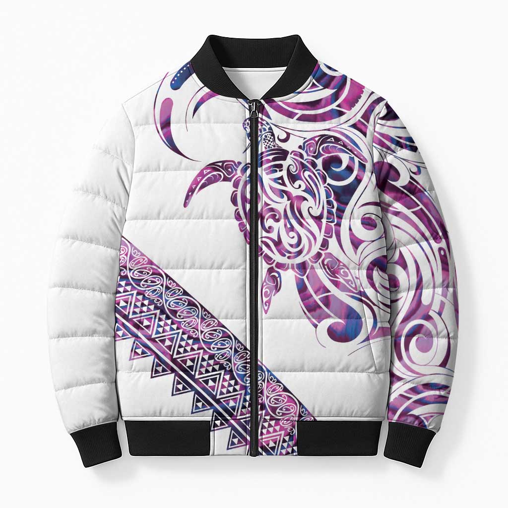 Mawhero Paua shell Kowhaiwhai Taniko Personalised Bomber Puffer Jacket Turtle Tattoo Maori Tribal Style