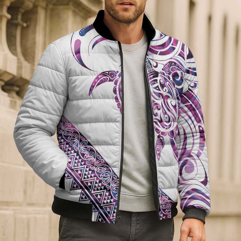 Mawhero Paua shell Kowhaiwhai Taniko Personalised Bomber Puffer Jacket Turtle Tattoo Maori Tribal Style