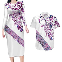 Mawhero Paua shell Kowhaiwhai Taniko Personalised Couples Matching Long Sleeve Bodycon Dress and Hawaiian Shirt Turtle Tattoo Maori Tribal Style LT9 Pink - Polynesian Pride