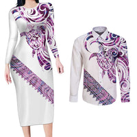 Mawhero Paua shell Kowhaiwhai Taniko Personalised Couples Matching Long Sleeve Bodycon Dress and Long Sleeve Button Shirt Turtle Tattoo Maori Tribal Style LT9 Pink - Polynesian Pride