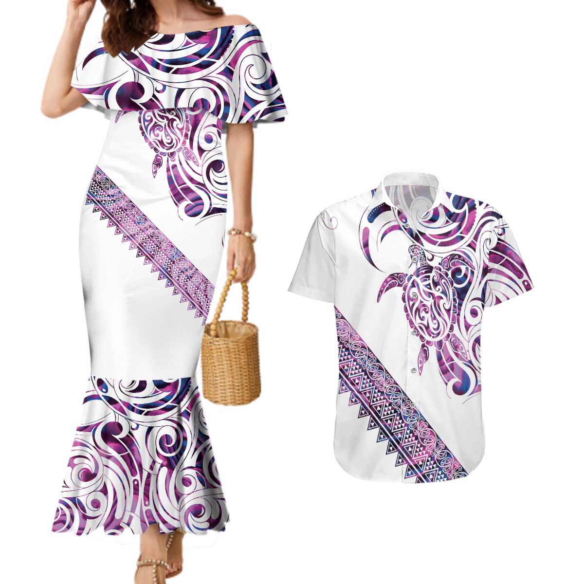 Mawhero Paua shell Kowhaiwhai Taniko Personalised Couples Matching Mermaid Dress and Hawaiian Shirt Turtle Tattoo Maori Tribal Style LT9 Pink - Polynesian Pride
