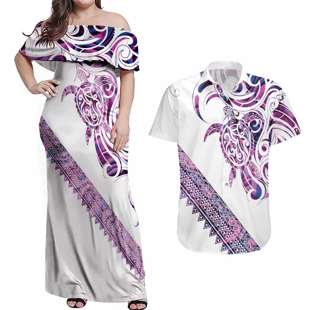 Mawhero Paua shell Kowhaiwhai Taniko Personalised Couples Matching Off Shoulder Maxi Dress and Hawaiian Shirt Turtle Tattoo Maori Tribal Style LT9 Pink - Polynesian Pride