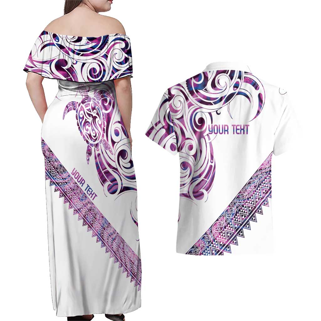 Mawhero Paua shell Kowhaiwhai Taniko Personalised Couples Matching Off Shoulder Maxi Dress and Hawaiian Shirt Turtle Tattoo Maori Tribal Style LT9 - Polynesian Pride