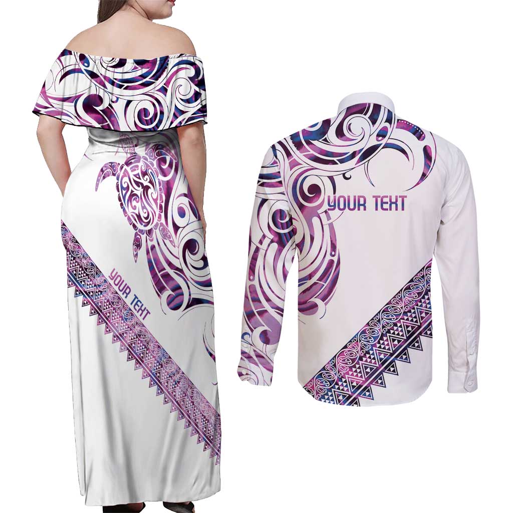 Mawhero Paua shell Kowhaiwhai Taniko Personalised Couples Matching Off Shoulder Maxi Dress and Long Sleeve Button Shirt Turtle Tattoo Maori Tribal Style LT9 - Polynesian Pride