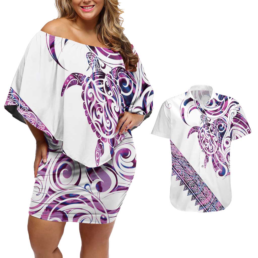 Mawhero Paua shell Kowhaiwhai Taniko Personalised Couples Matching Off Shoulder Short Dress and Hawaiian Shirt Turtle Tattoo Maori Tribal Style LT9 Pink - Polynesian Pride