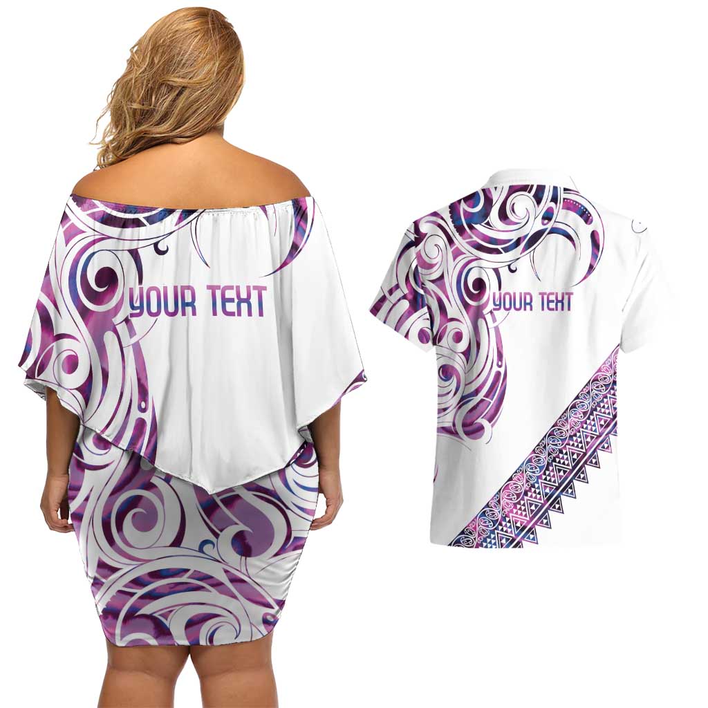 Mawhero Paua shell Kowhaiwhai Taniko Personalised Couples Matching Off Shoulder Short Dress and Hawaiian Shirt Turtle Tattoo Maori Tribal Style LT9 - Polynesian Pride
