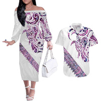Mawhero Paua shell Kowhaiwhai Taniko Personalised Couples Matching Off The Shoulder Long Sleeve Dress and Hawaiian Shirt Turtle Tattoo Maori Tribal Style LT9 Pink - Polynesian Pride