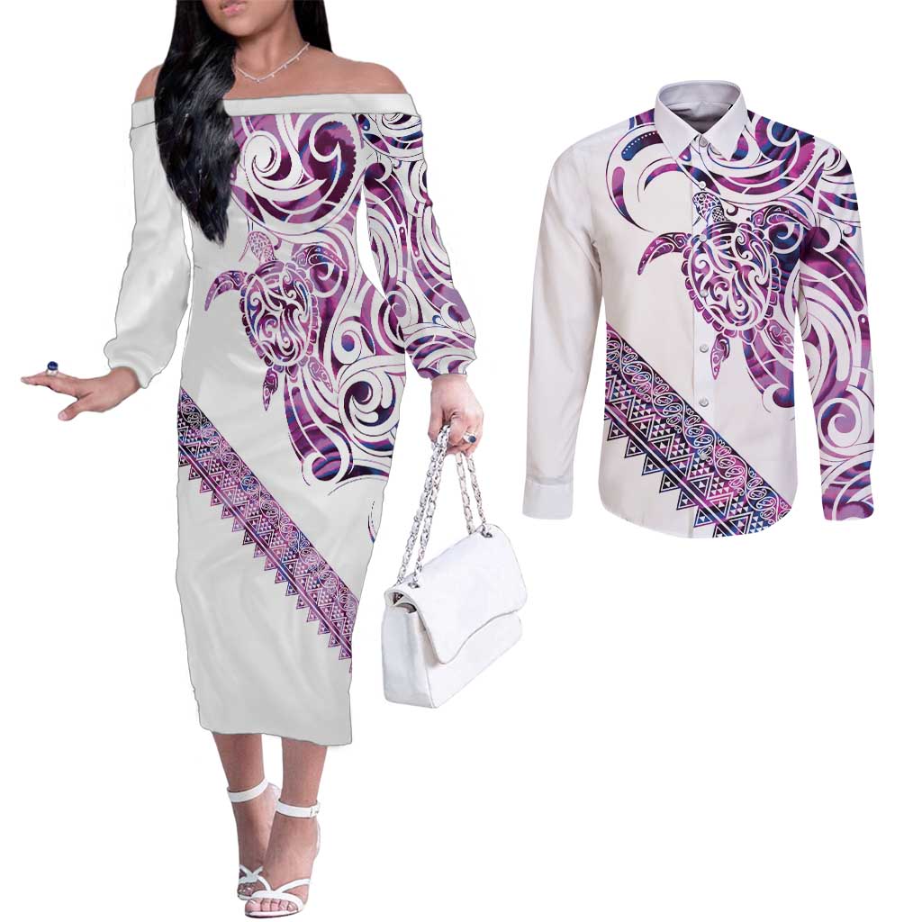 Mawhero Paua shell Kowhaiwhai Taniko Personalised Couples Matching Off The Shoulder Long Sleeve Dress and Long Sleeve Button Shirt Turtle Tattoo Maori Tribal Style LT9 Pink - Polynesian Pride