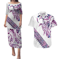 Mawhero Paua shell Kowhaiwhai Taniko Personalised Couples Matching Puletasi and Hawaiian Shirt Turtle Tattoo Maori Tribal Style LT9 Pink - Polynesian Pride