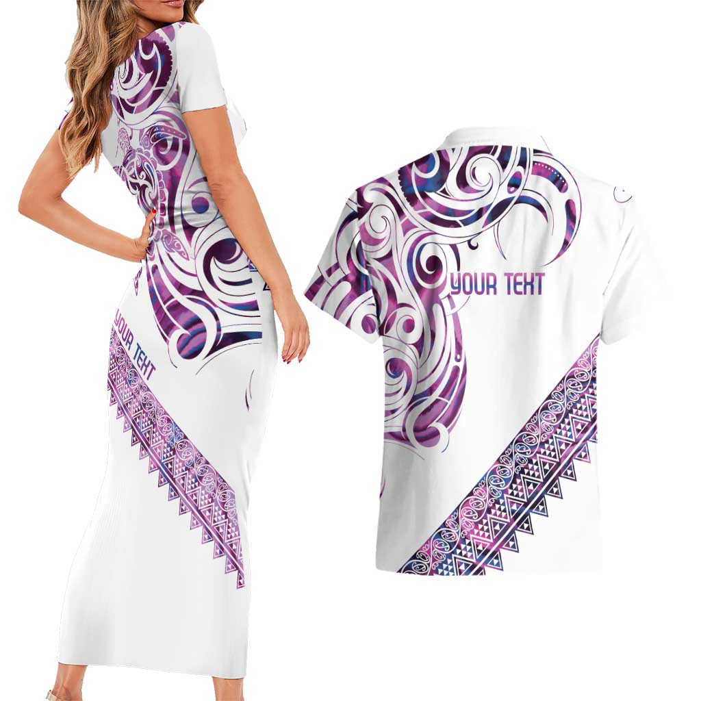 Mawhero Paua shell Kowhaiwhai Taniko Personalised Couples Matching Short Sleeve Bodycon Dress and Hawaiian Shirt Turtle Tattoo Maori Tribal Style LT9 - Polynesian Pride