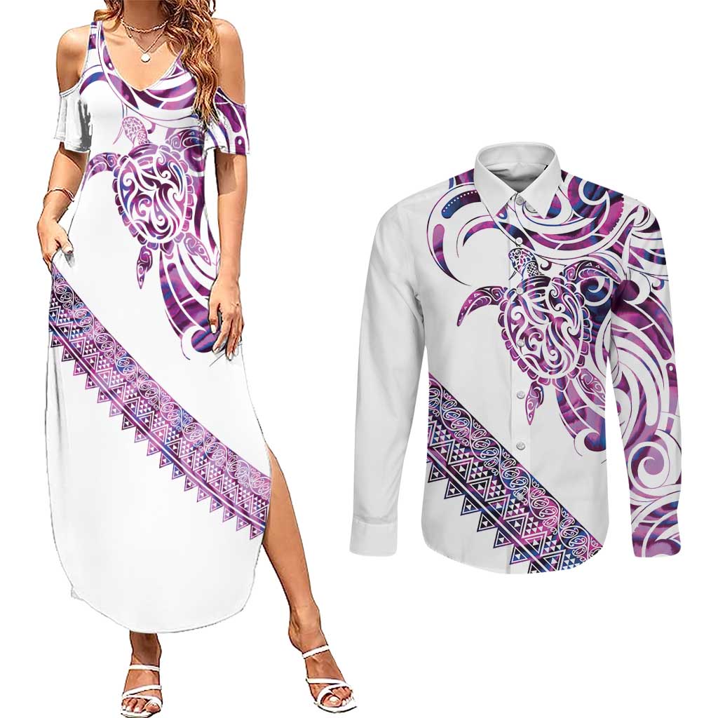 Mawhero Paua shell Kowhaiwhai Taniko Personalised Couples Matching Summer Maxi Dress and Long Sleeve Button Shirt Turtle Tattoo Maori Tribal Style LT9 Pink - Polynesian Pride