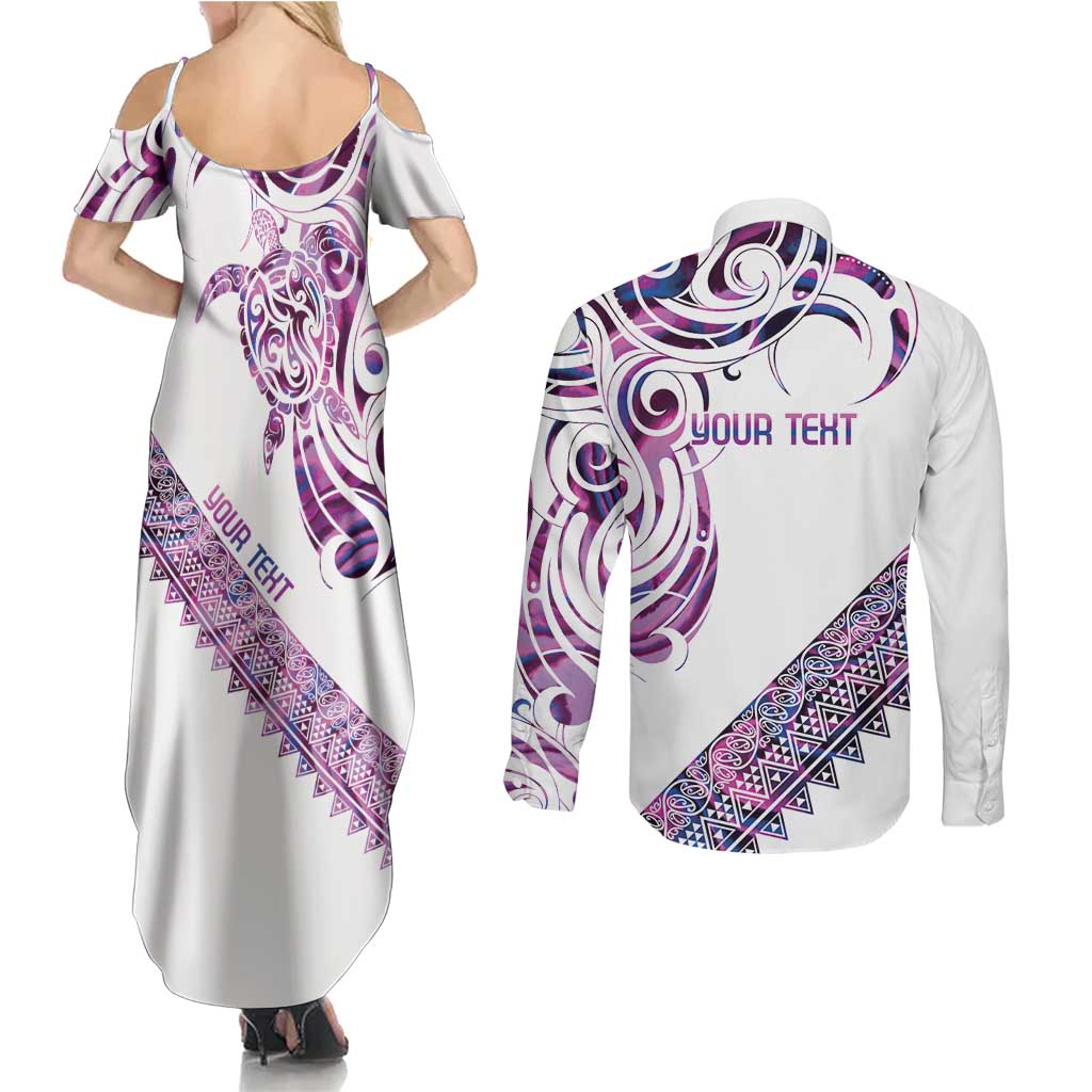 Mawhero Paua shell Kowhaiwhai Taniko Personalised Couples Matching Summer Maxi Dress and Long Sleeve Button Shirt Turtle Tattoo Maori Tribal Style LT9 - Polynesian Pride