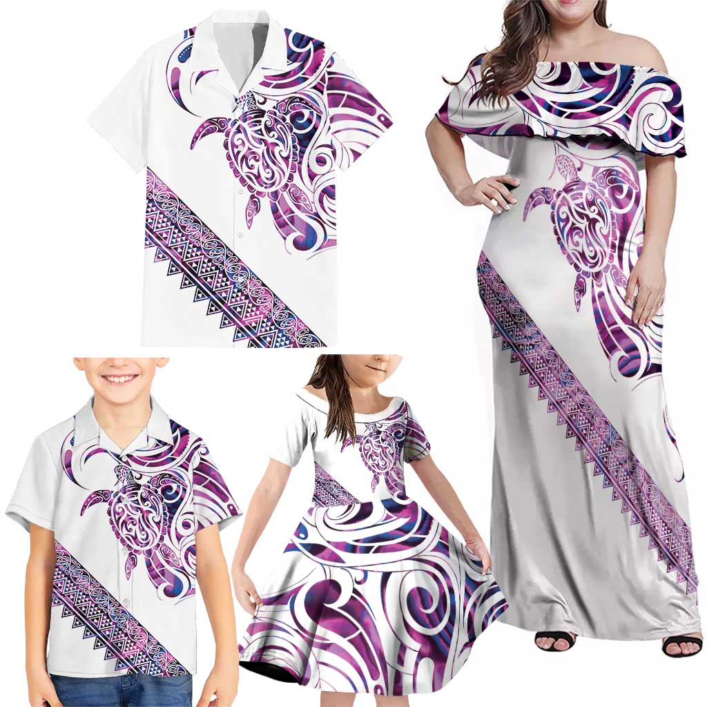 Mawhero Paua shell Kowhaiwhai Taniko Personalised Family Matching Off Shoulder Maxi Dress and Hawaiian Shirt Turtle Tattoo Maori Tribal Style LT9 - Polynesian Pride