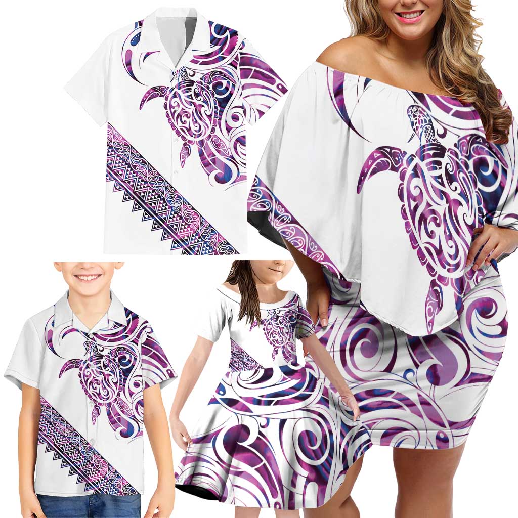 Mawhero Paua shell Kowhaiwhai Taniko Personalised Family Matching Off Shoulder Short Dress and Hawaiian Shirt Turtle Tattoo Maori Tribal Style LT9 - Polynesian Pride