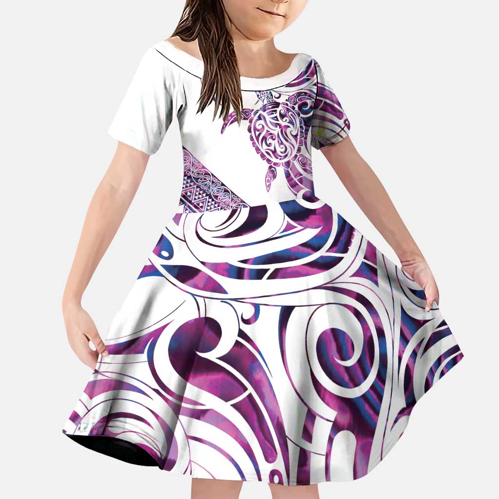 Mawhero Paua shell Kowhaiwhai Taniko Personalised Family Matching Summer Maxi Dress and Hawaiian Shirt Turtle Tattoo Maori Tribal Style LT9 Daughter's Dress Pink - Polynesian Pride