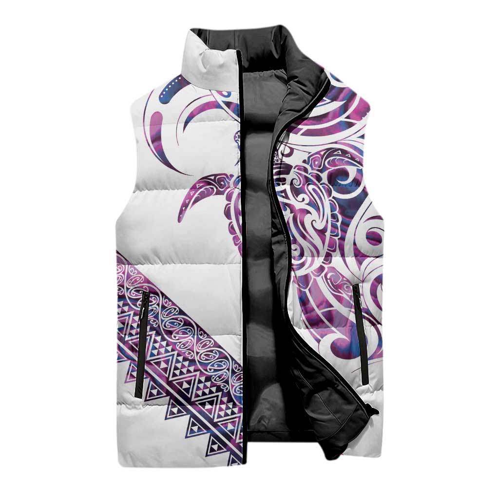 Mawhero Paua shell Kowhaiwhai Taniko Personalised Sleeveless Puffer Jacket Turtle Tattoo Maori Tribal Style