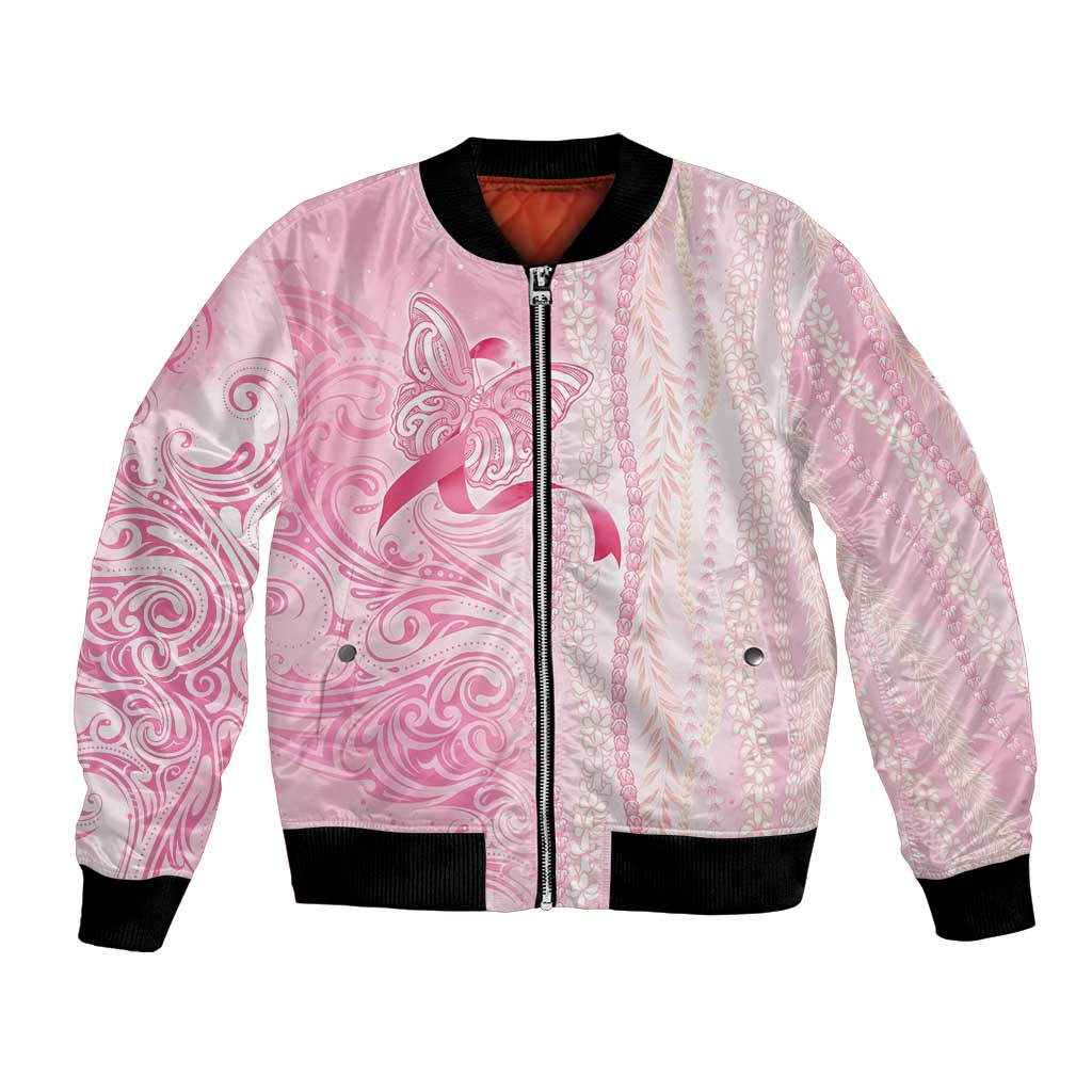 Breast Cancer Awareness Bomber Jacket Maile Pikake Lokelani Crown Flower Lei Inspired